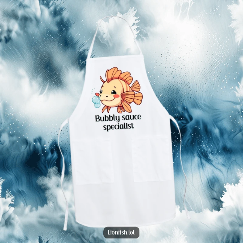 Funny playful lionfish apron, featuring a fish nudging a sparkling bubble, ideal for adding bubbly fun to cooking.