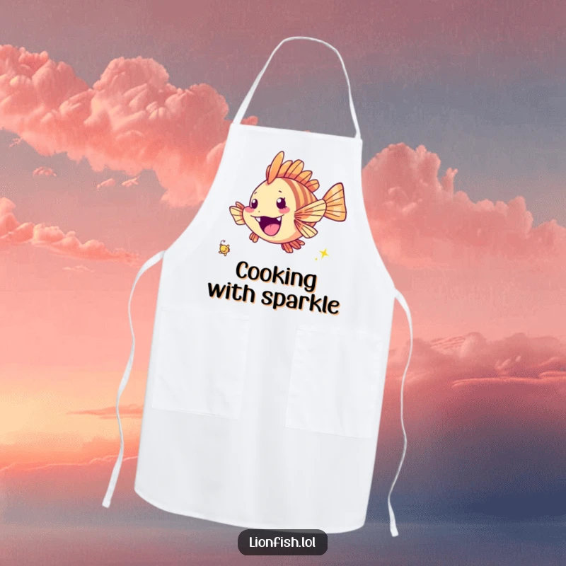 Funny cheerful lionfish apron, featuring a fish excitedly chasing a tiny twinkling speck, ideal for cooking with joy.