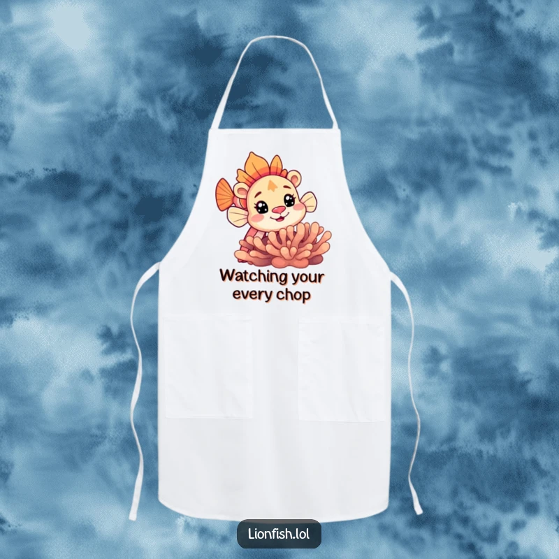 Funny lionfish apron showing a curious lionfish peeking from behind coral, ready to add humor to meal prep.