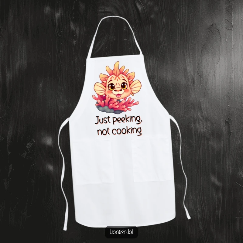 Funny curious lionfish apron, showing wide eyes peeking from behind coral, offering humorous protection for chefs and kitchen enthusiasts.