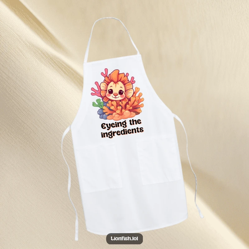 Funny curious lionfish apron, featuring a fish peeking from vibrant coral, ideal for adding playful surprise to cooking.