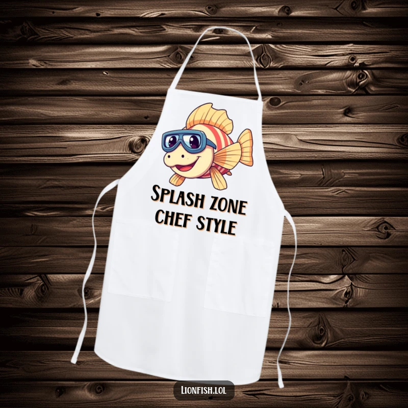 Funny giggling lionfish apron with tiny goggles, cheerfully diving, perfect for kitchen fun and protecting clothes with humor.