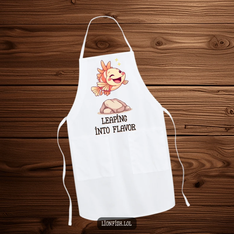 Funny hopping lionfish apron, showing a joyful character leaping over a rock with a sparkle, offering humorous protection for chefs.