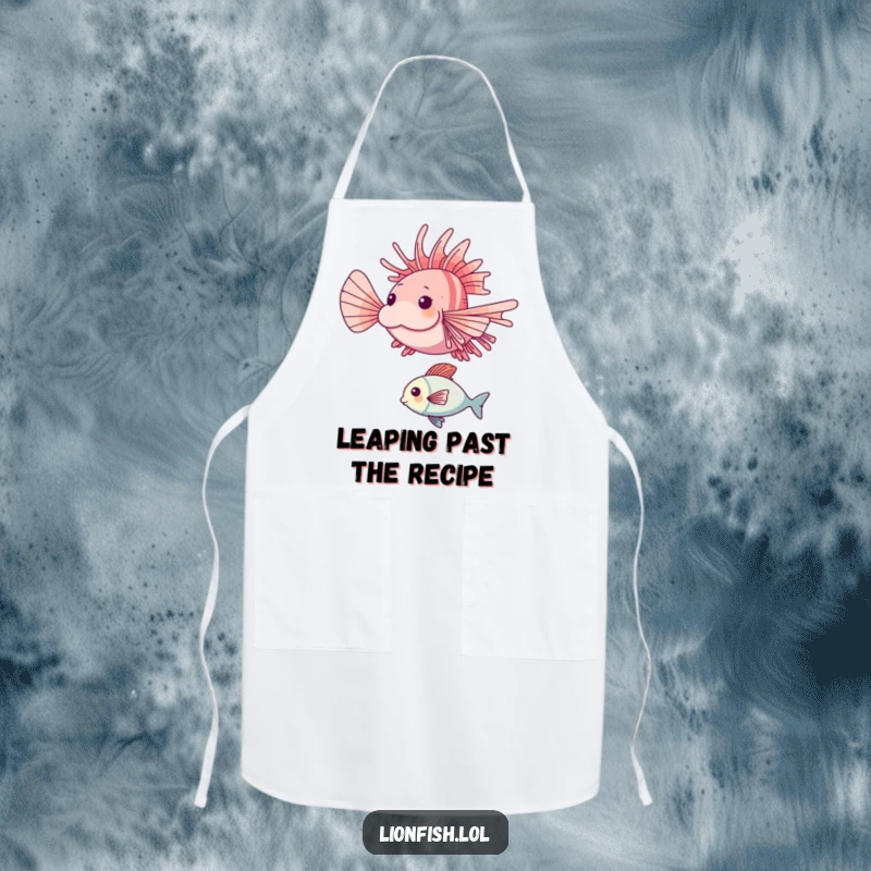 Funny lionfish apron showing a happy lionfish mid-leap over a smaller fish, ready to add energy and humor to meal prep.