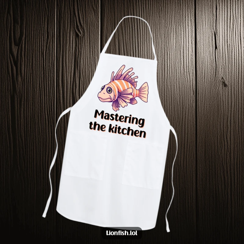 Funny determined lionfish apron, featuring a fish elegantly gliding through clear blue water, ideal for cooking with focus.