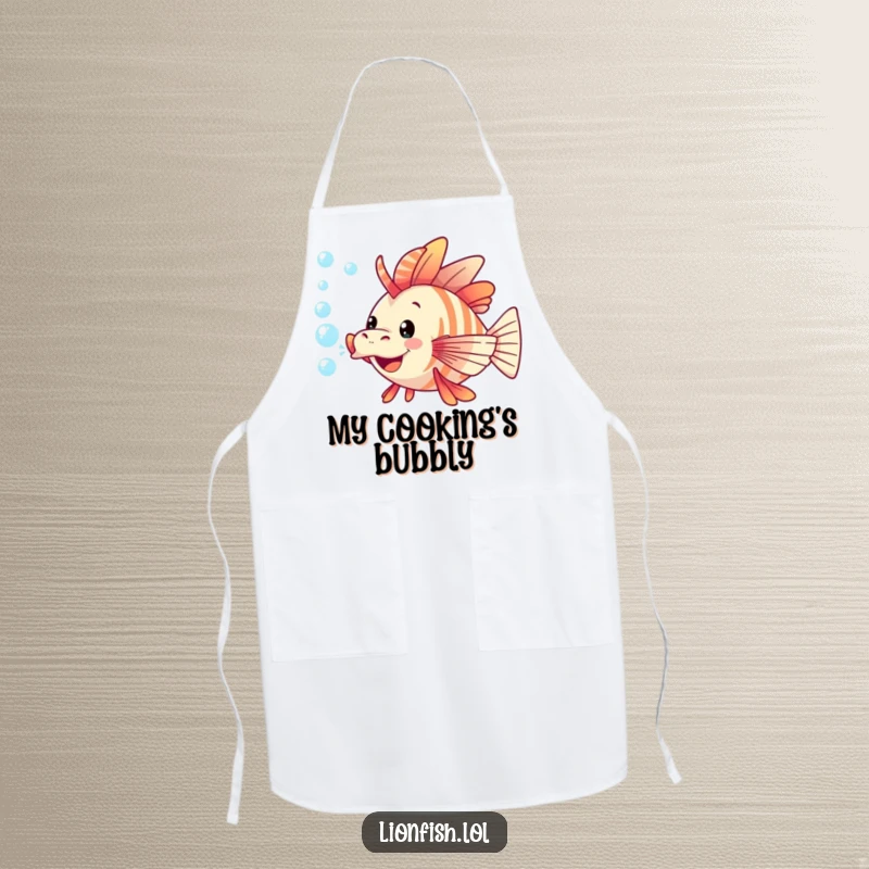 Funny lionfish apron depicting a cheerful lionfish blowing a stream of bubbles, ready to tackle kitchen duties with humor.