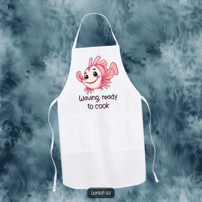Funny wobbly lionfish apron, showing a friendly grin and waving fin, offering humorous protection for chefs and kitchen enthusiasts.