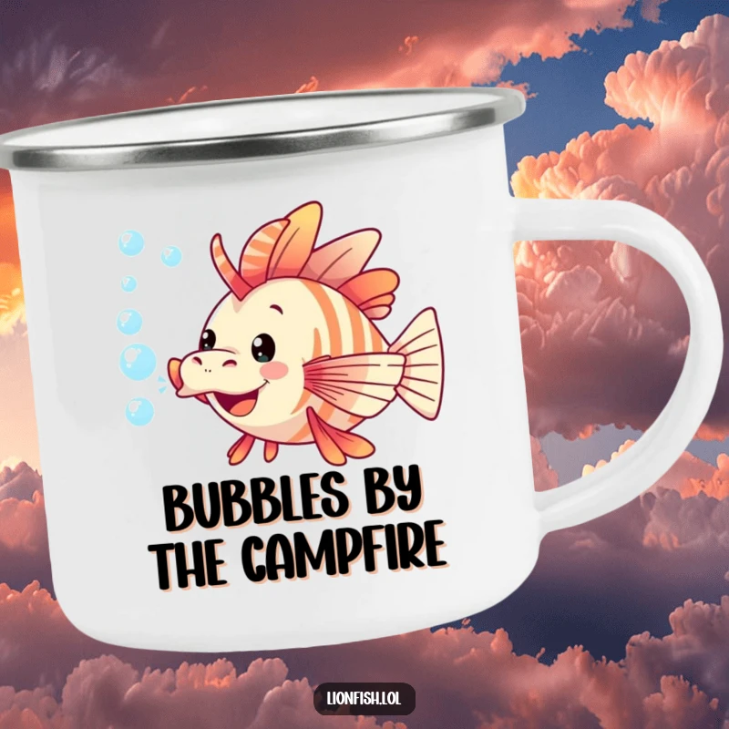 Funny lionfish camping mug showing a happy lionfish blowing bubbles, designed for rugged outdoor use with a splash of fun.