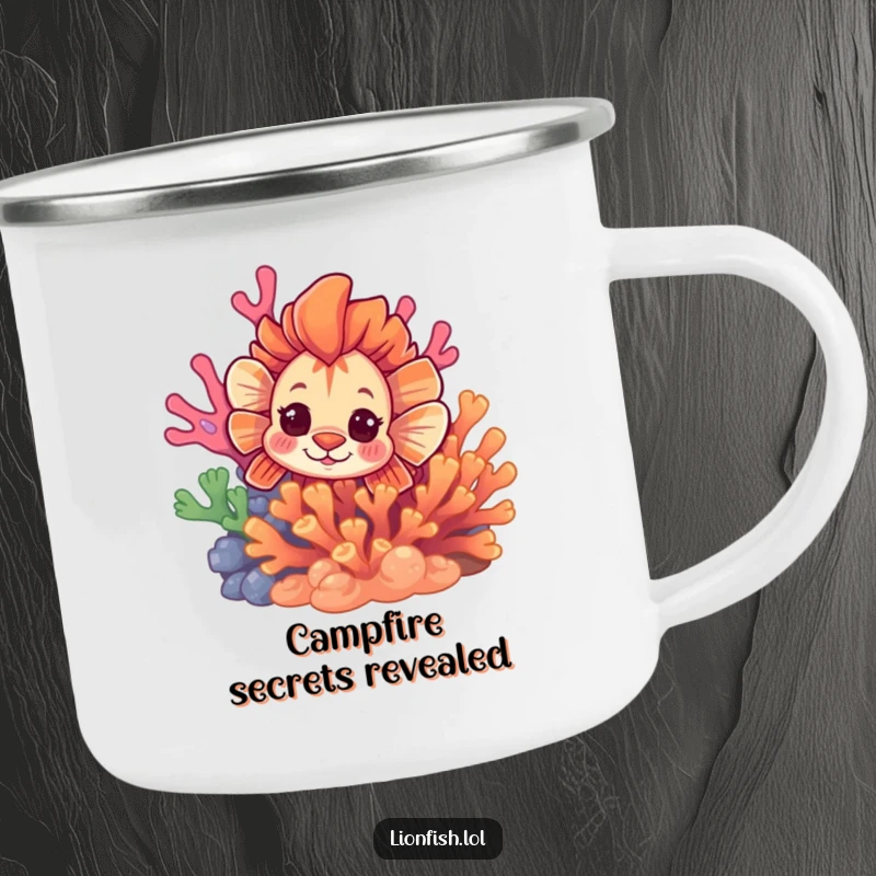 Funny curious lionfish camping mug, rugged design with a fish peeking from vibrant coral, for adventurous discovery.