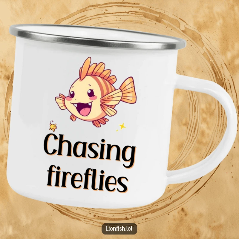 Funny cheerful lionfish camping mug, rugged design with a fish excitedly chasing a tiny twinkling speck, for joyful exploration.
