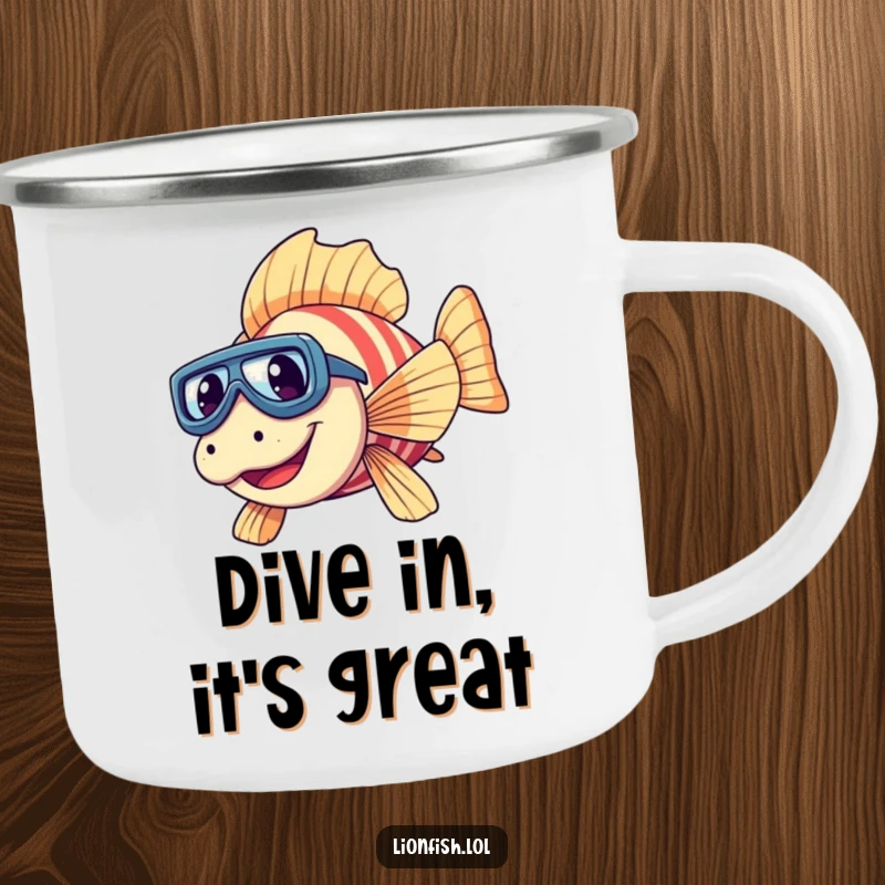 Funny giggling lionfish camping mug with tiny goggles, embarking on an underwater dive, ready for outdoor enjoyment.