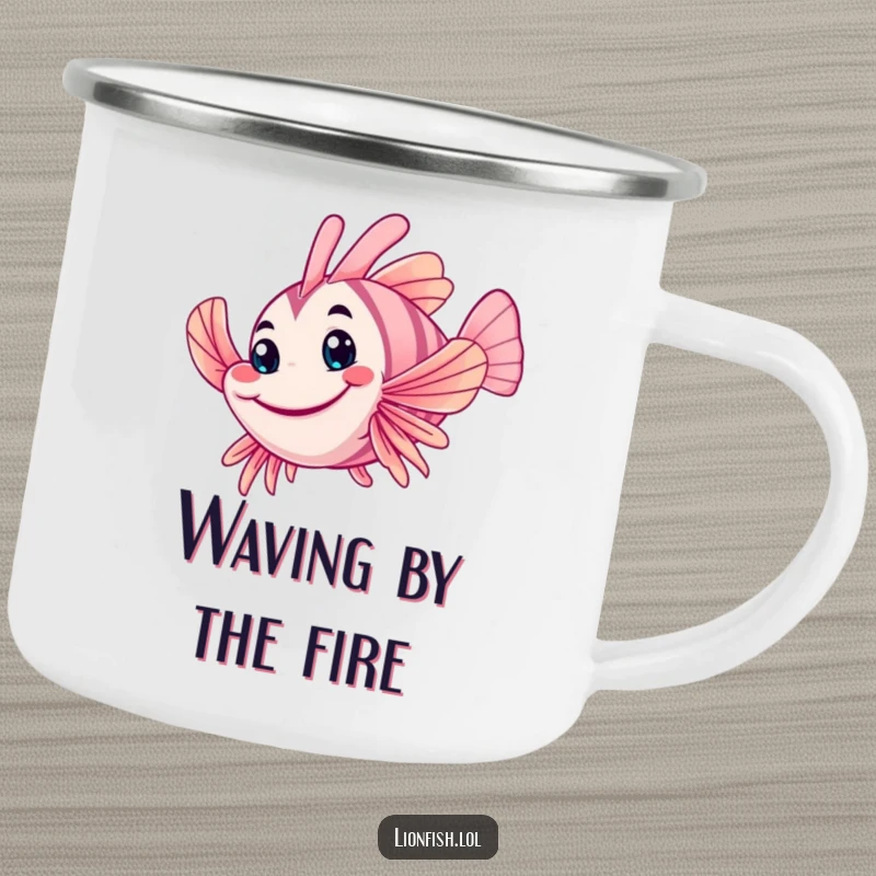 Funny wobbly lionfish camping mug, showing a friendly grin and waving fin, perfect for hot drinks during outdoor excursions.