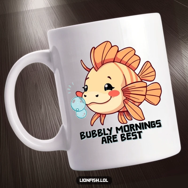 Funny playful lionfish mug, gently nudging a small, sparkling bubble amidst blue aquatic patterns, radiating innocent fun.