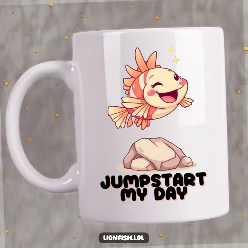 Funny hopping lionfish mug, joyfully leaping over a rock with a sparkle, showcasing an energetic and humorous underwater scene.