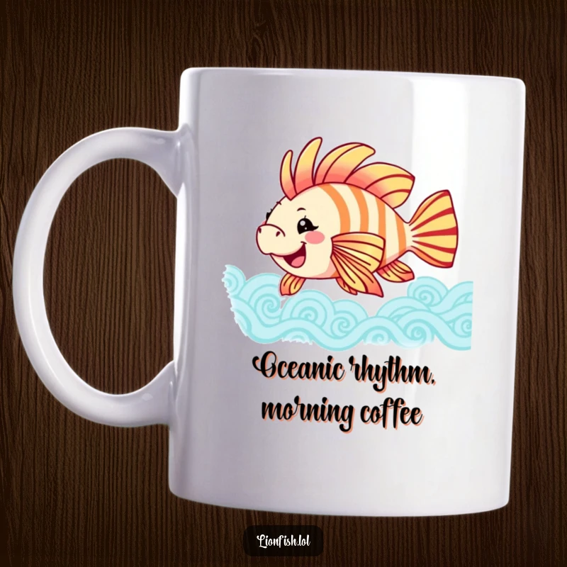 Funny joyful lionfish mug with colorful fins swaying gracefully in blue patterned waves, radiating happiness and underwater fun.