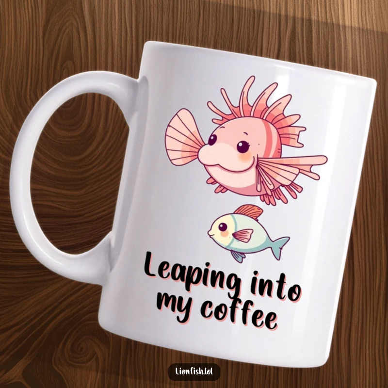 Funny lionfish mug showcasing a happy lionfish mid-leap over a smaller fish, depicting a moment of playful underwater action.
