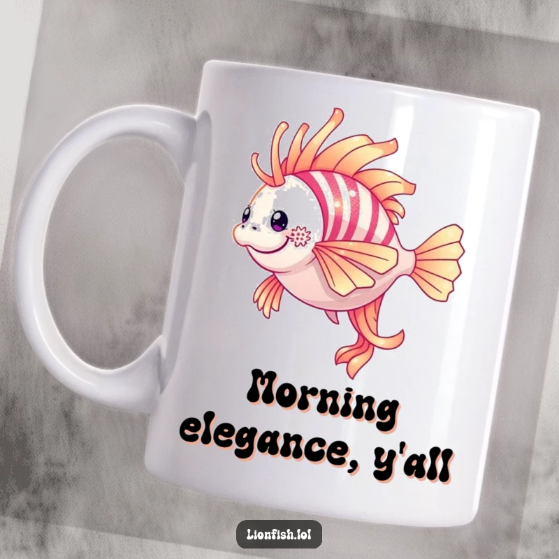 Funny lionfish mug showcasing a shimmering lionfish in mid-twirl, its fins elegantly spread in a graceful underwater dance.