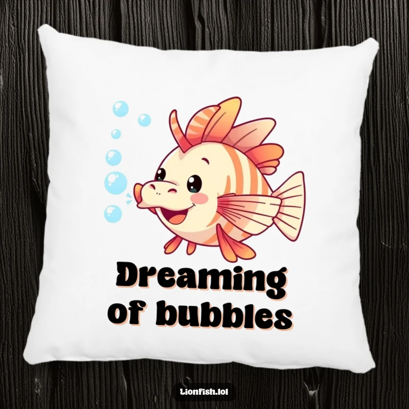 Funny lionfish pillow showing a happy lionfish mid-bubble-blow, its spiky fins adding texture to the playful underwater scene.