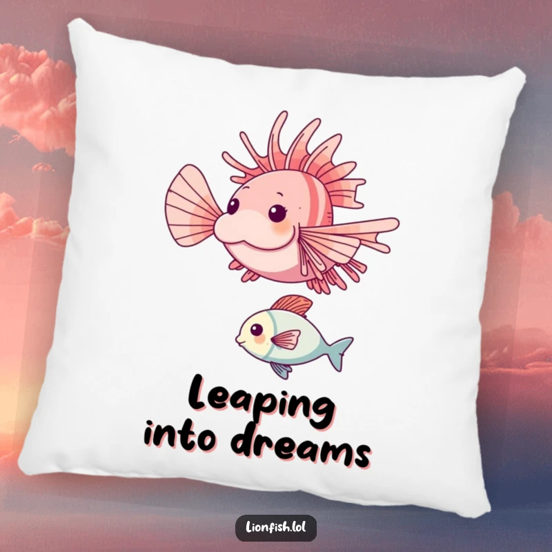 Funny lionfish pillow featuring a happy lionfish mid-leap over a smaller fish, adding energetic humor to any living space.