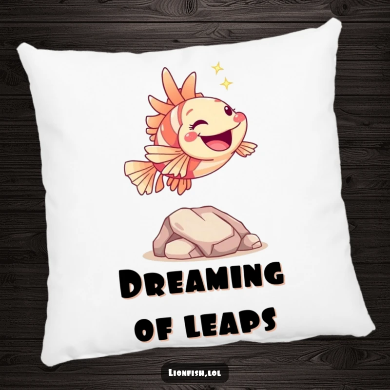 Funny hopping lionfish pillow, featuring a joyful character leaping over a rock with a sparkle, providing soft, humorous comfort with an energetic theme.