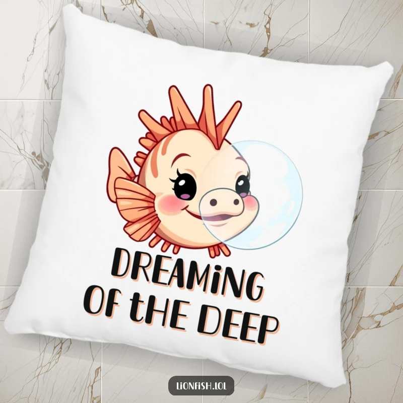 Funny lionfish bubble pillow, featuring a determined character blowing a large bubble, providing soft, humorous comfort with an underwater theme.