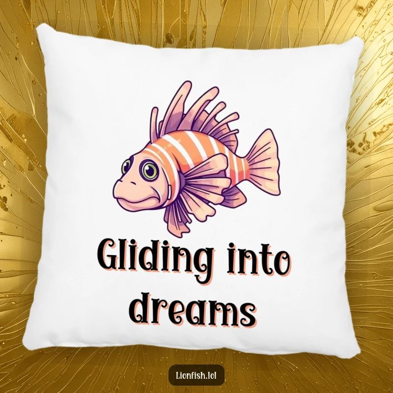 Funny determined lionfish pillow, plush comfort with a fish elegantly gliding through clear blue water, bringing serene focus.