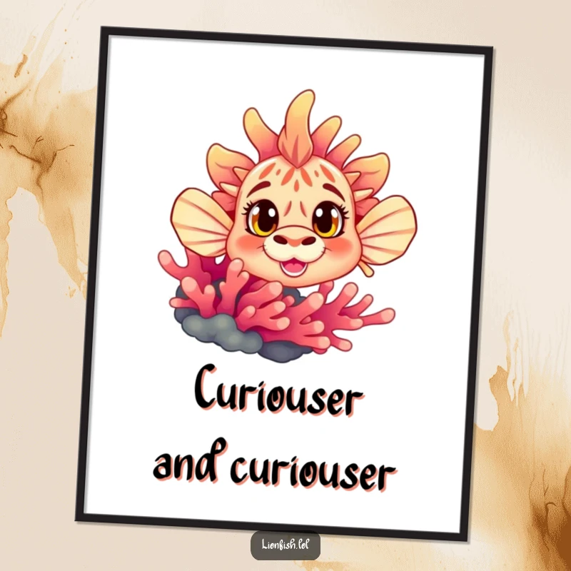 Funny curious lionfish digital art print, featuring wide eyes peeking from behind coral, a humorous and enchanting artwork for wall decor.