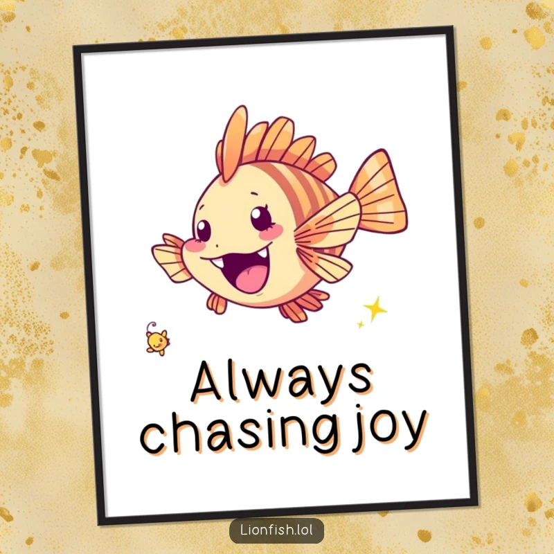 Funny cheerful lionfish digital art print, vibrant underwater scene with a fish excitedly chasing a tiny twinkling speck, full of joy.