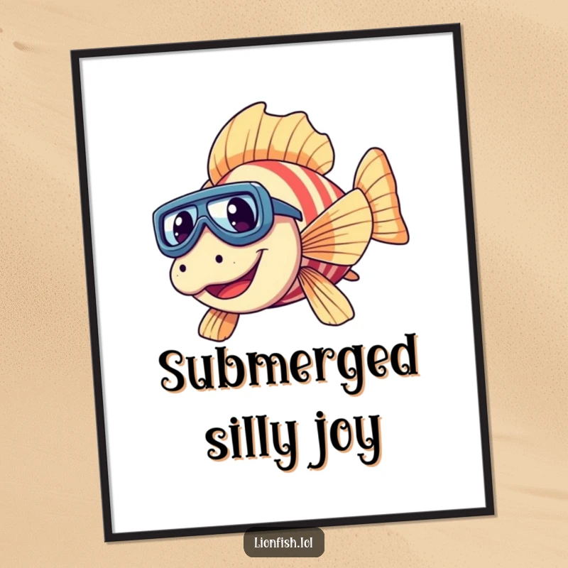 Funny giggling lionfish digital art print with tiny goggles, diving downwards with infectious laughter, a humorous aquatic display.