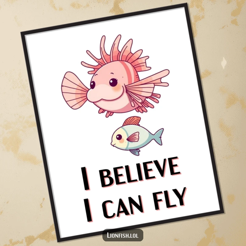 Funny lionfish digital art print of a happy lionfish mid-leap over a smaller fish, ready for instant download.