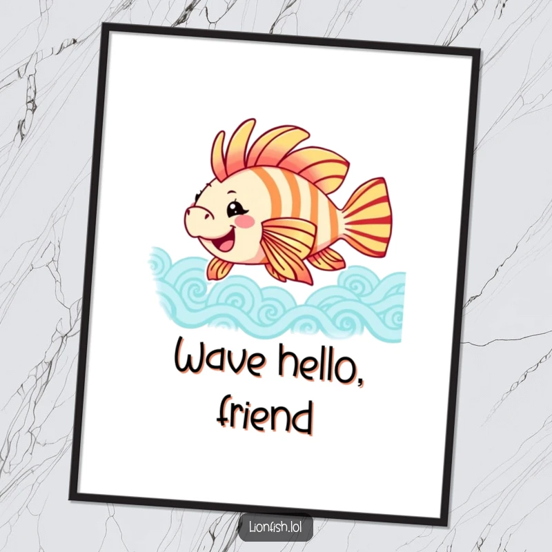 Funny joyful lionfish digital art print, vibrant underwater scene with a happy fish swaying colorful fins in patterned waves.