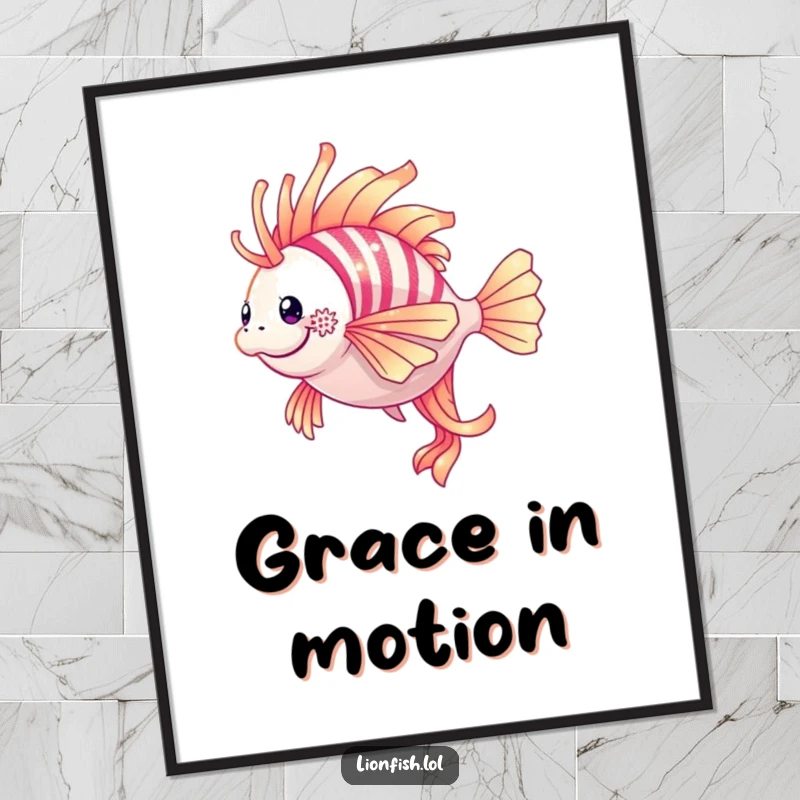 Funny lionfish digital art print of a shimmering lionfish mid-twirl, ready for instant download.