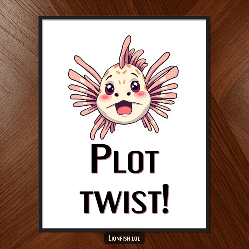 Funny lionfish digital art print of a startled lionfish with fins spread wide, ready for instant download.