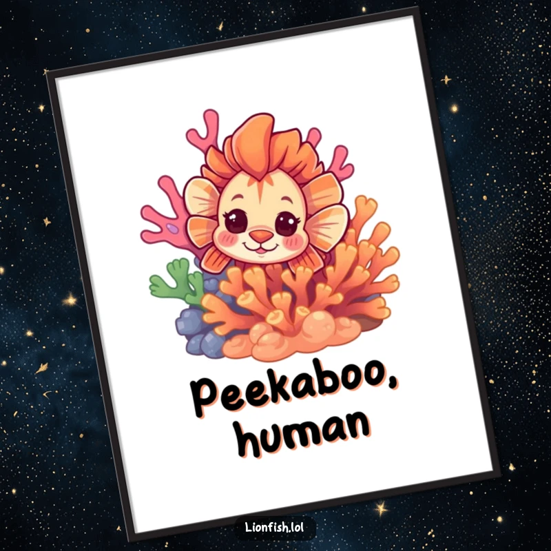 Funny curious lionfish digital art print, vibrant underwater scene with a fish peeking from colorful coral, adding mystery.