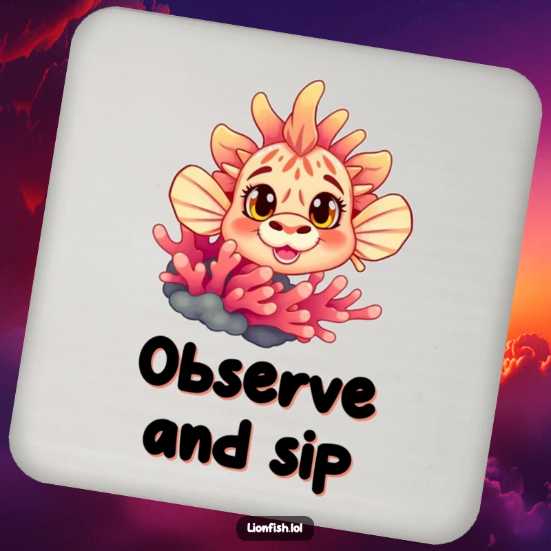Funny curious lionfish coaster, illustrating wide eyes peeking from behind coral, providing surface protection with a humorous underwater theme.