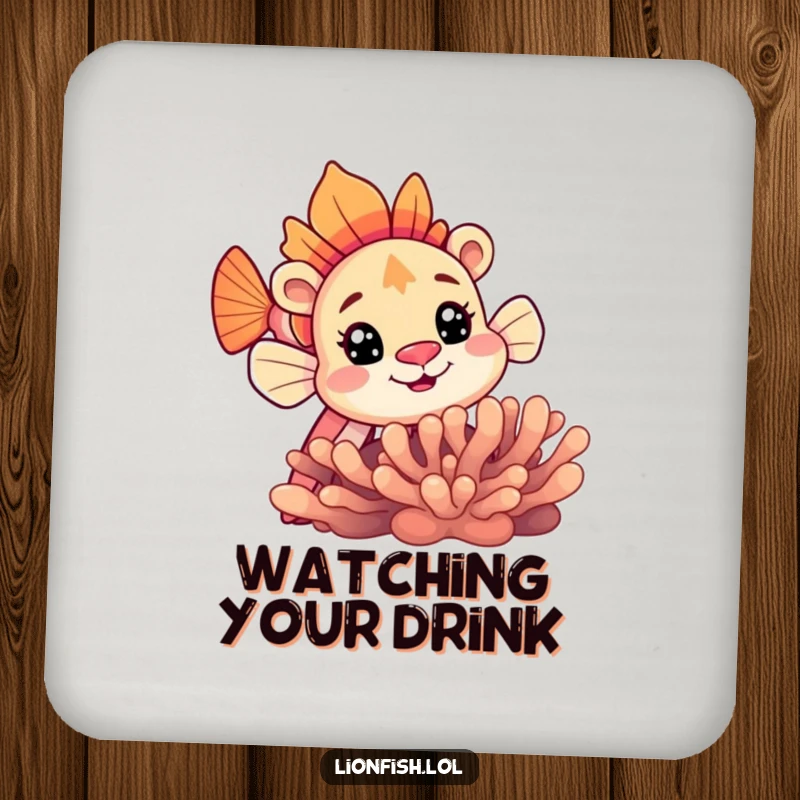 Funny lionfish drink coaster featuring a curious lionfish peeking out from behind coral, adding playful intrigue.