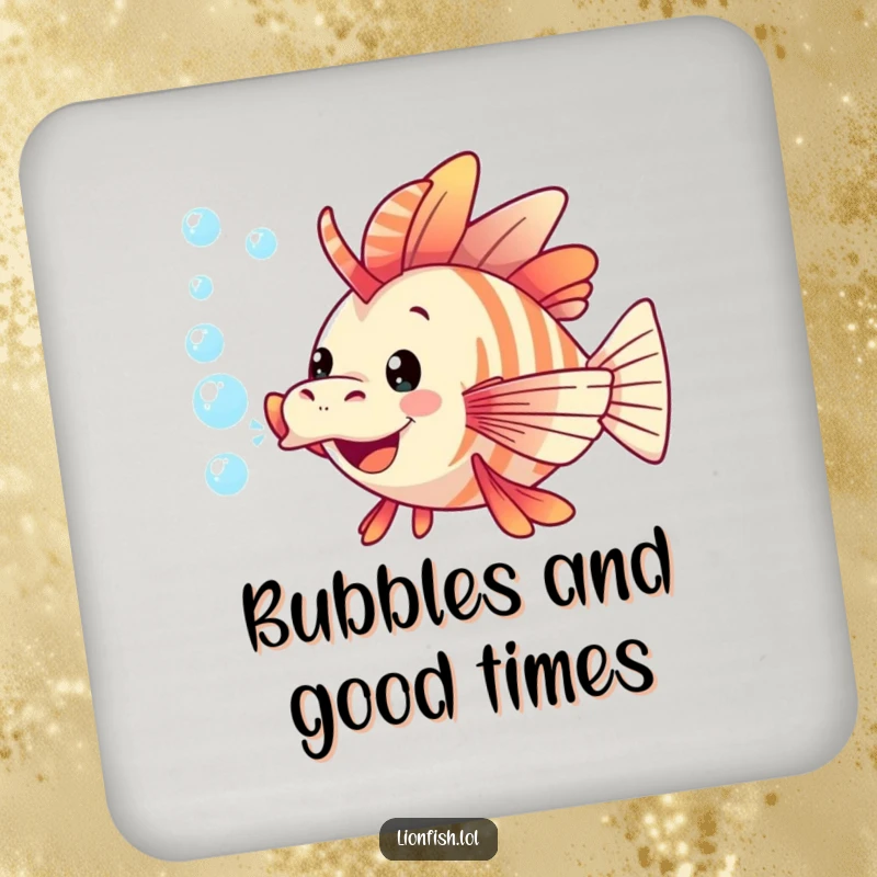Funny lionfish drink coaster featuring a cheerful lionfish blowing a whimsical stream of bubbles, protecting surfaces with style.