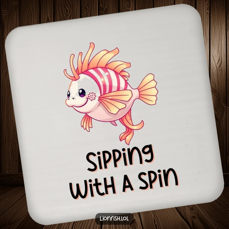 Funny lionfish drink coaster featuring a shimmering lionfish in a graceful twirl, protecting surfaces with elegance.