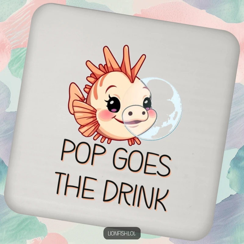 Funny lionfish coaster, illustrating a determined character blowing a large bubble, providing surface protection with a humorous underwater theme.