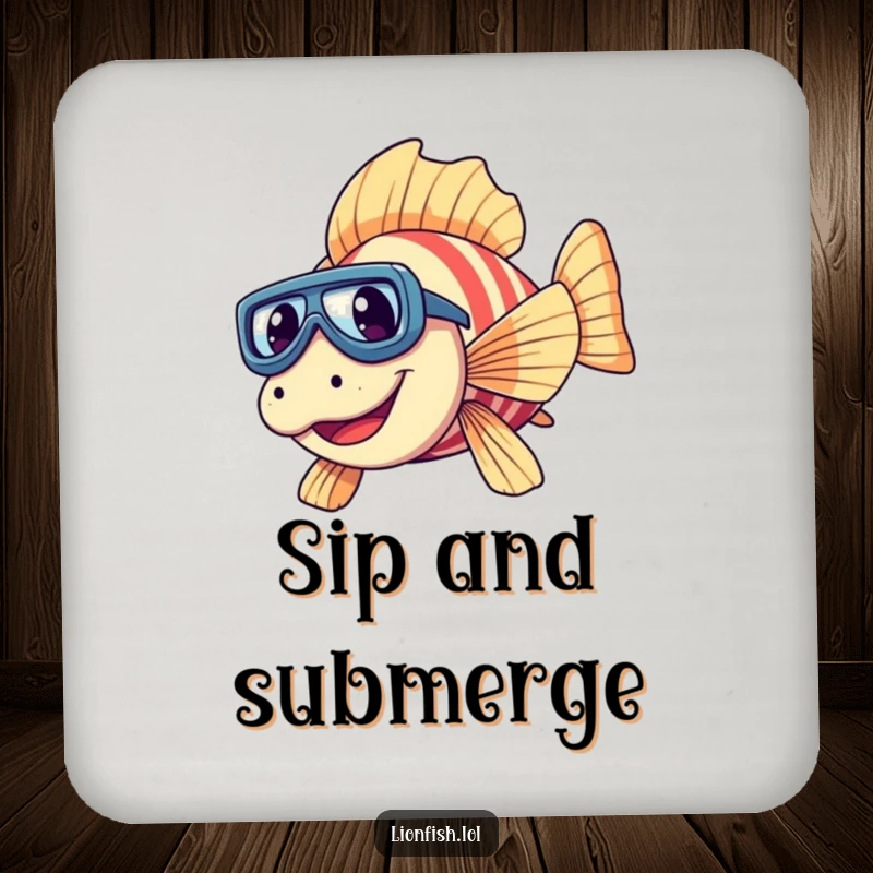 Funny giggling lionfish drink coaster with tiny goggles, diving with amusement, protecting surfaces with aquatic humor.