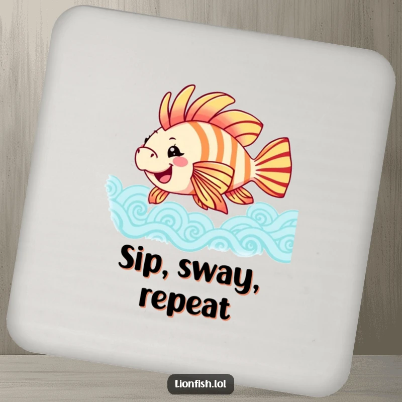Funny joyful lionfish coasters, protecting surfaces with a happy fish swaying colorful fins in patterned waves, adding decorative flair.