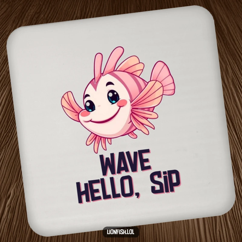 Funny wobbly lionfish coaster, illustrating a friendly grin and waving fin, providing surface protection with a humorous underwater theme.