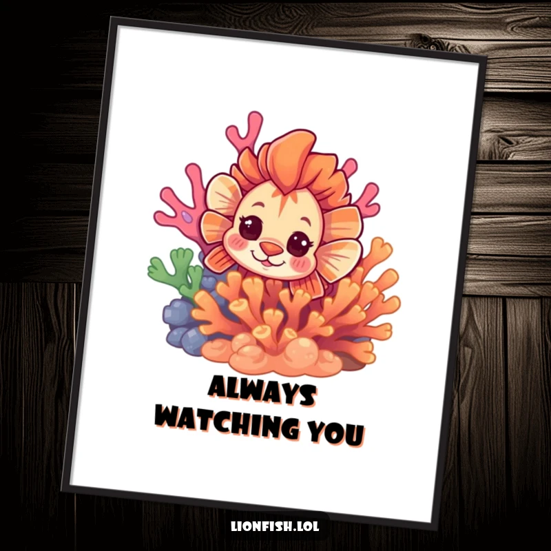 Funny curious lionfish poster, vibrant artwork of a fish peeking from colorful coral, adding a touch of underwater mystery.