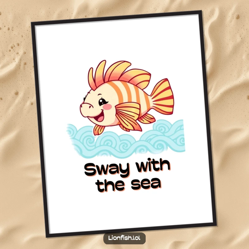 Funny joyful lionfish poster, vibrant artwork of a fish swaying fins in patterned waves, adding a splash of color and cheer.
