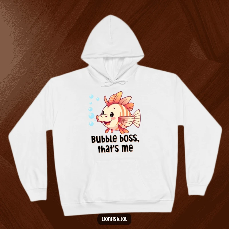 Funny lionfish hoodie design featuring a playful, smiling lionfish blowing colorful bubbles, spreading joy and warmth.