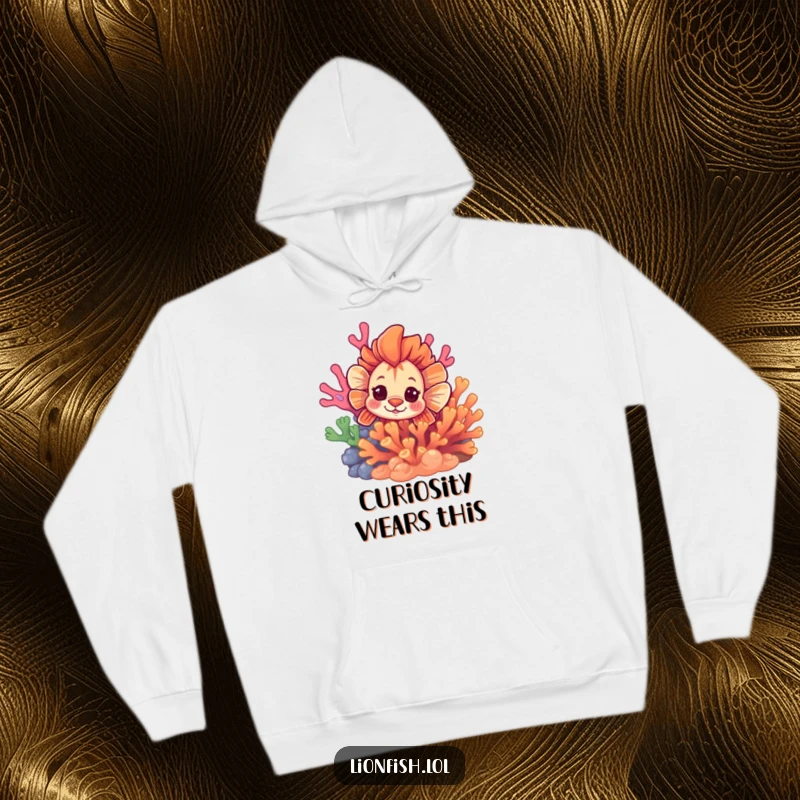Funny curious lionfish hoodie, featuring a fish peeking from vibrant coral, offering cozy warmth and a hint of underwater adventure.
