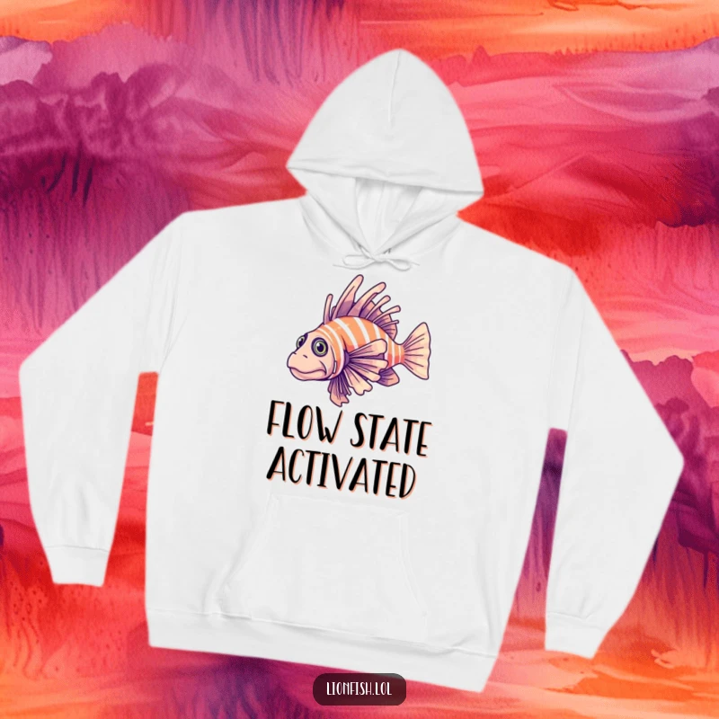 Funny determined lionfish hoodie, featuring a fish elegantly gliding through clear blue water, offering cozy focus and style.