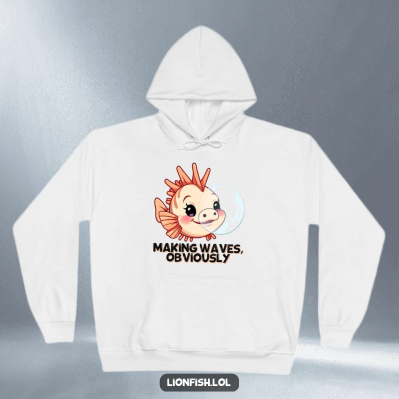 Funny lionfish hoodie, featuring a determined character blowing a large bubble, offering cozy and humorous warmth inspired by the sea.
