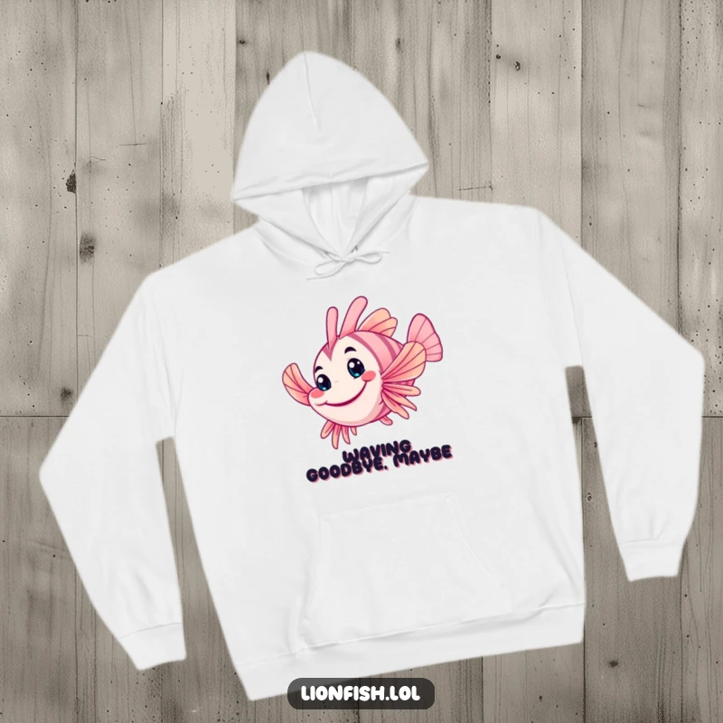 Funny wobbly lionfish hoodie, featuring a friendly grin and waving fin, offering cozy and humorous warmth with an underwater theme.