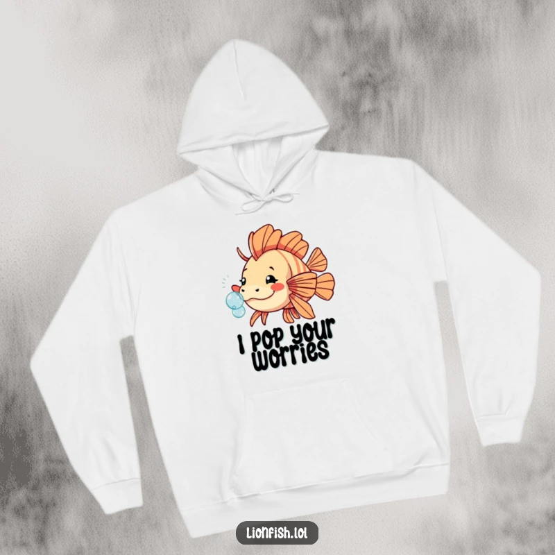 Funny playful lionfish hoodie, featuring a fish nudging a sparkling bubble, offering cozy warmth and a splash of underwater fun.